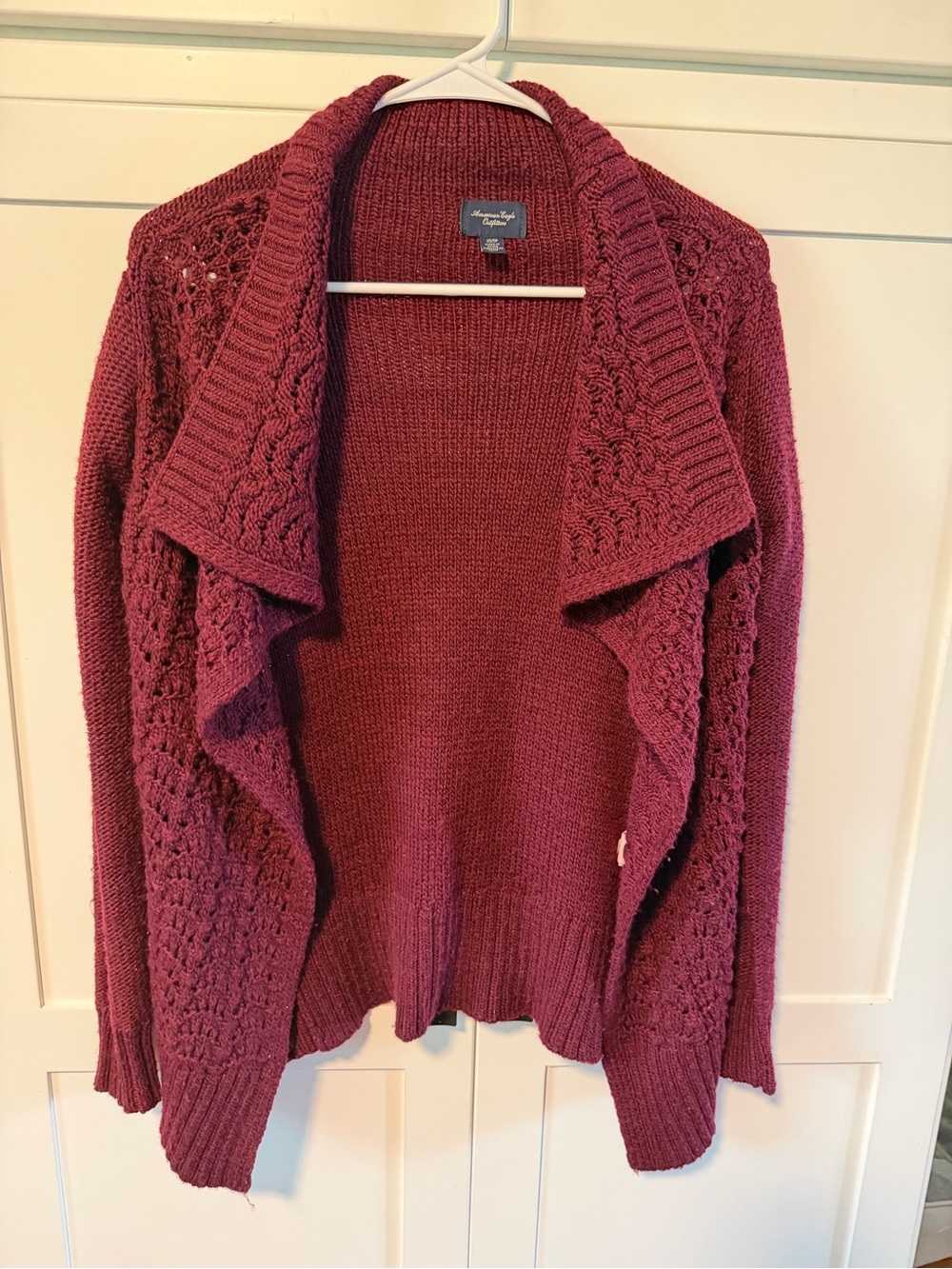 American Eagle Outfitters Wool Blend Wine Red Open-Front Knit Cascade Cardigan